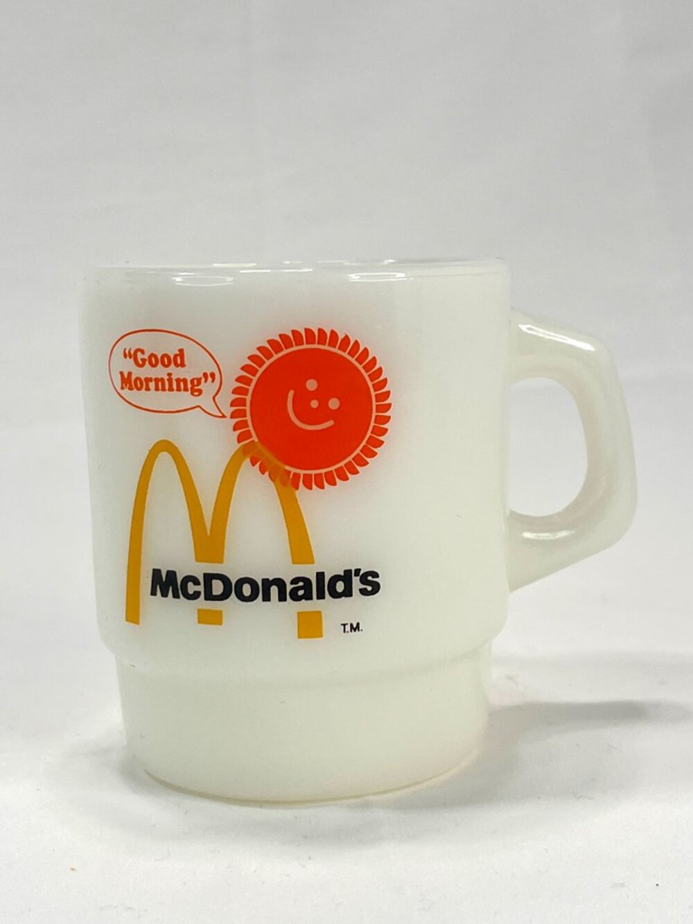 1-Vintage McDonald's Fire King GOOD MORNING Milk Glass XXoz Coffee Mug Milkglass